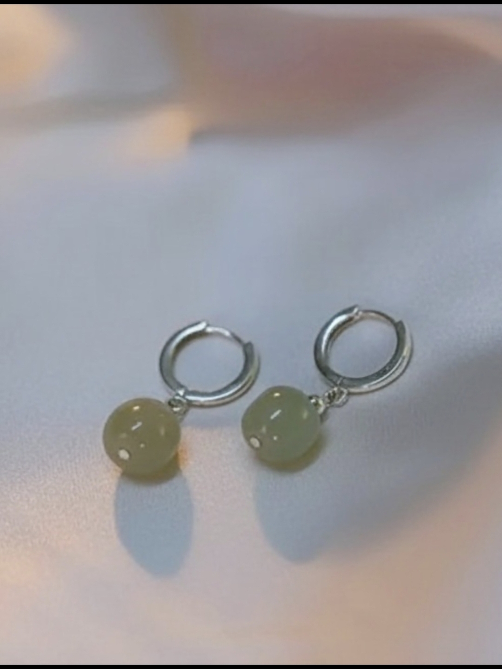 925 Silver Hoop Earrings with Pale Green Jade Drops